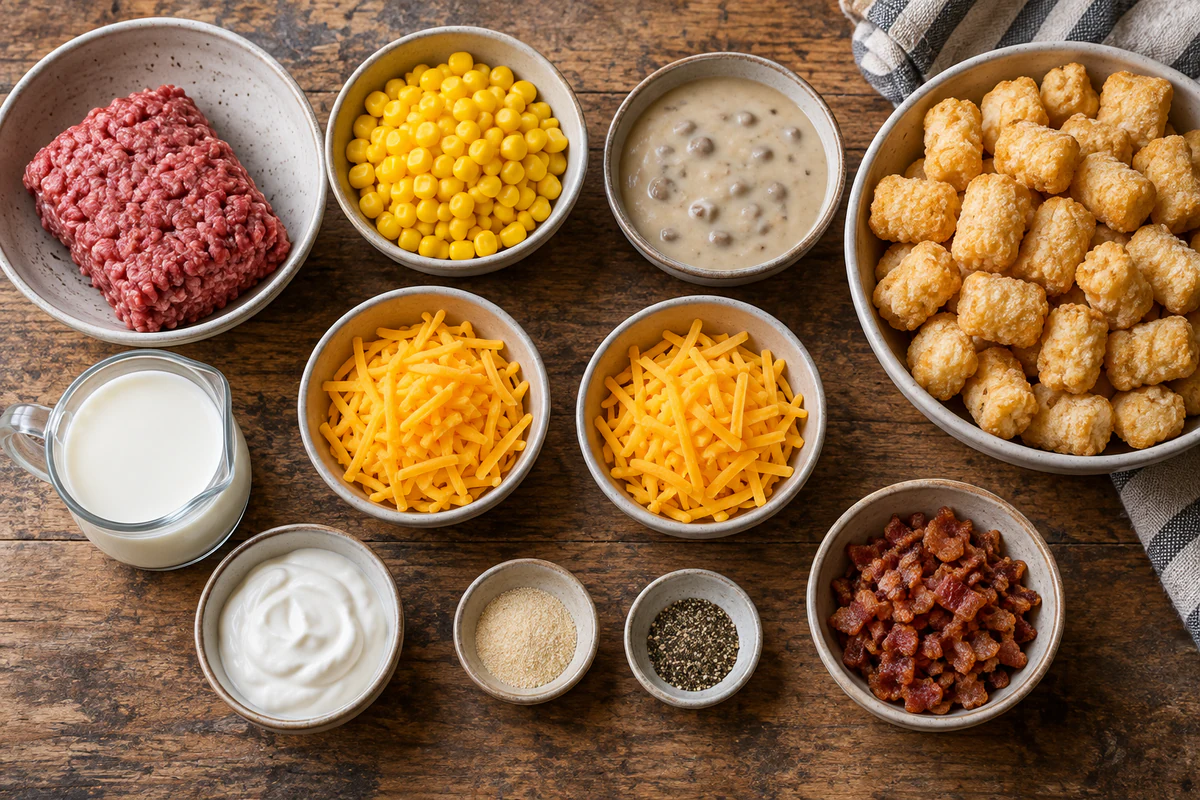 Ground beef, corn, mushroom soup, divided cheddar, milk, sour cream, onion powder, pepper, bacon, and tater tots