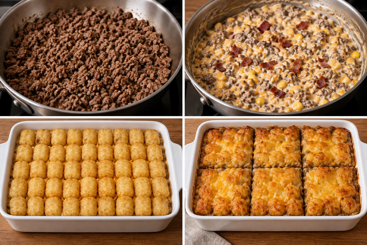 Four stages showing browned beef, creamy corn and bacon filling, a tater tot layer, and six portions of golden Cowboy Casserole