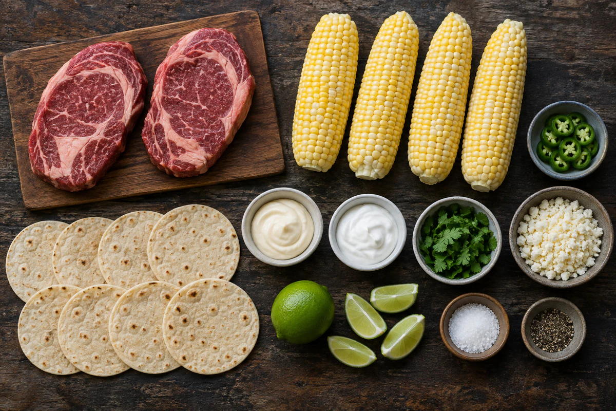 Two ribeyes, four corn ears, eight tortillas, mayonnaise, sour cream, cilantro, cotija, lime, jalapeno, salt, and pepper