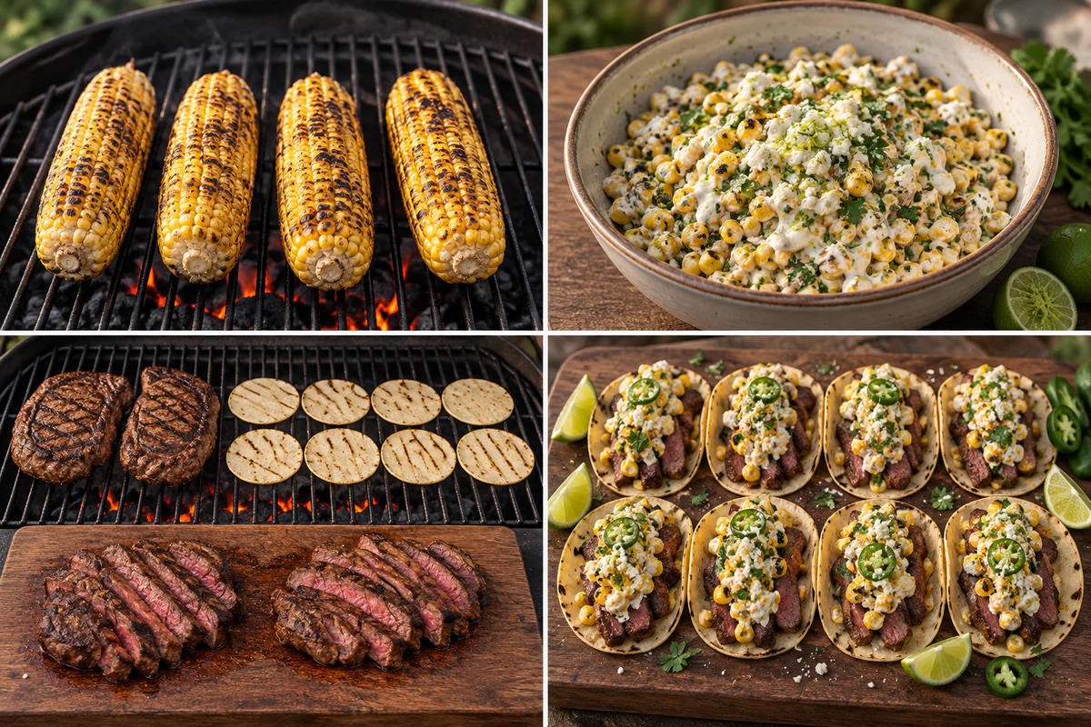 Four stages showing four grilled corn ears, creamy elote topping, two grilled ribeyes and eight tortillas, and eight steak tacos