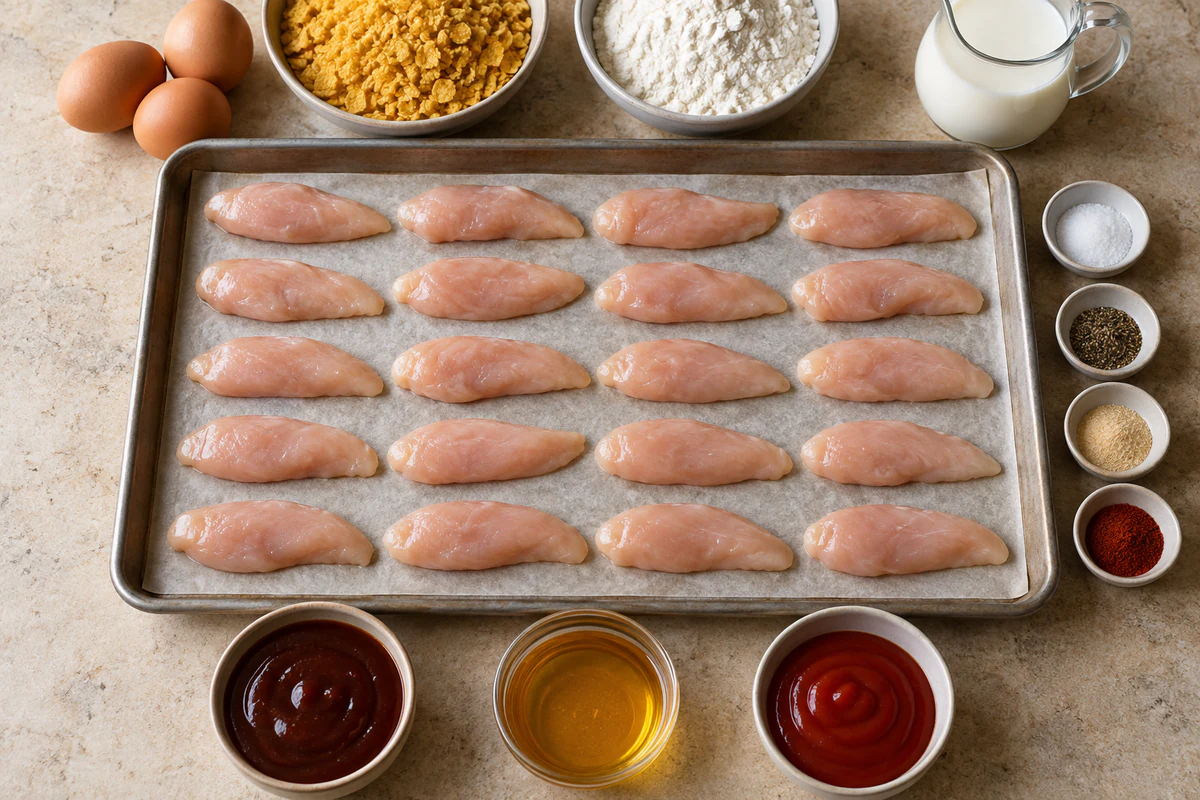 Twenty chicken strips, flour, three eggs, milk, crushed corn flakes, seasonings, barbecue sauce, honey, and ketchup