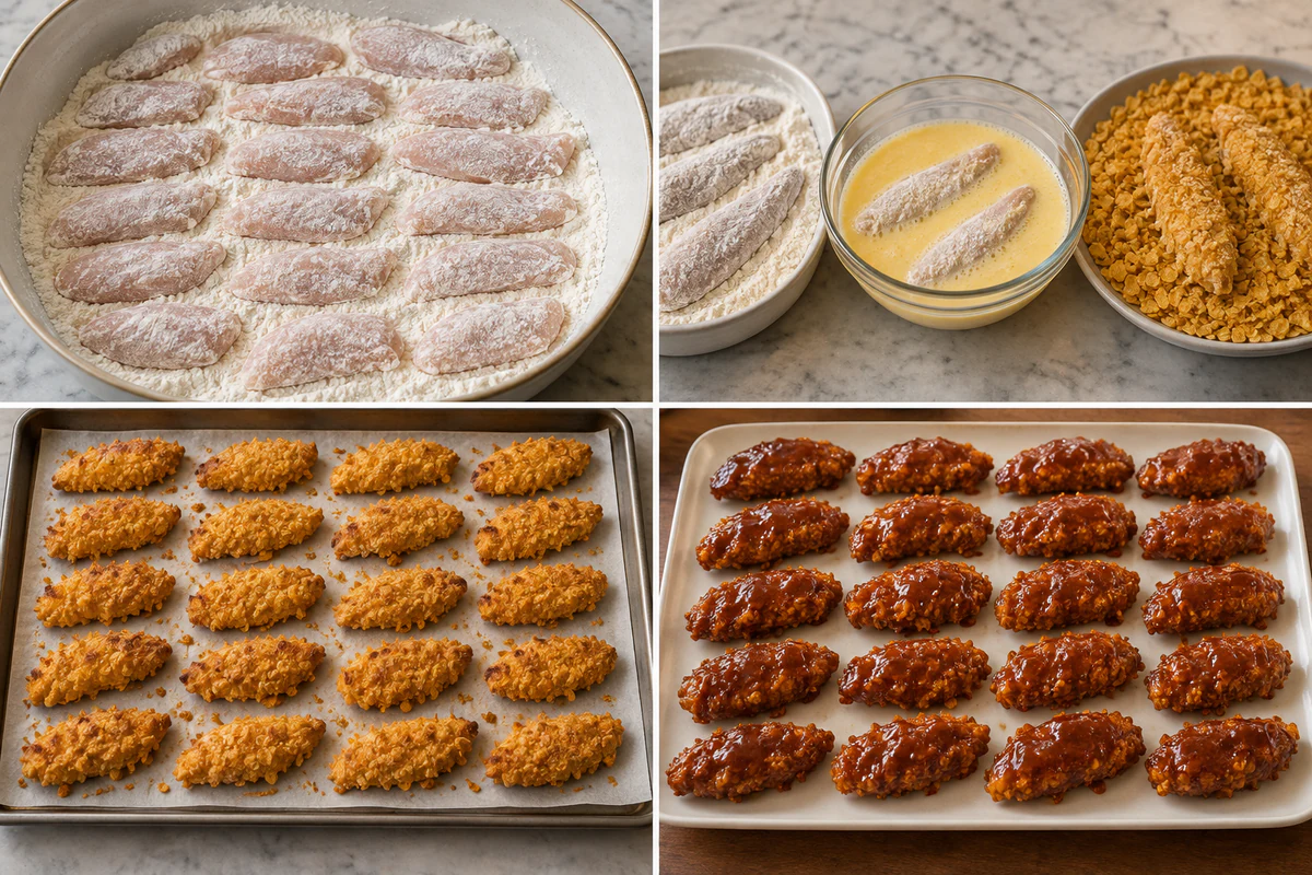 Four stages showing floured chicken, egg and corn-flake breading, twenty baked strips, and twenty honey barbecue chicken strips