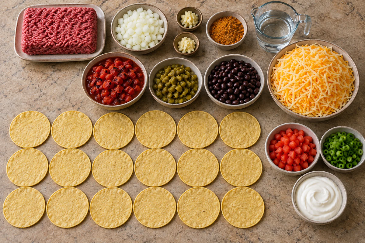 Ground beef, onion, garlic, taco seasoning, tomatoes, green chiles, black beans, eighteen tortillas, cheese, and toppings
