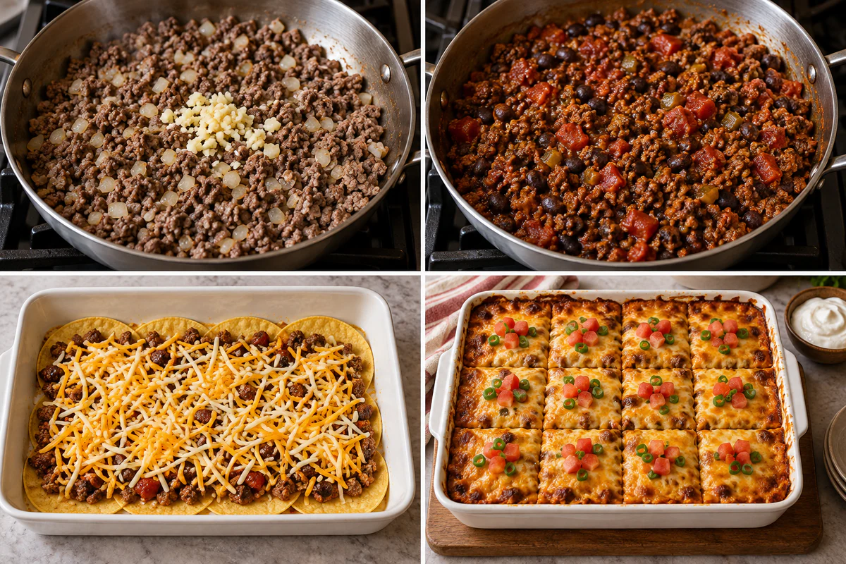 Four stages showing browned beef and onion, finished bean filling, tortilla meat and cheese layers, and twelve portions of Mexican lasagna
