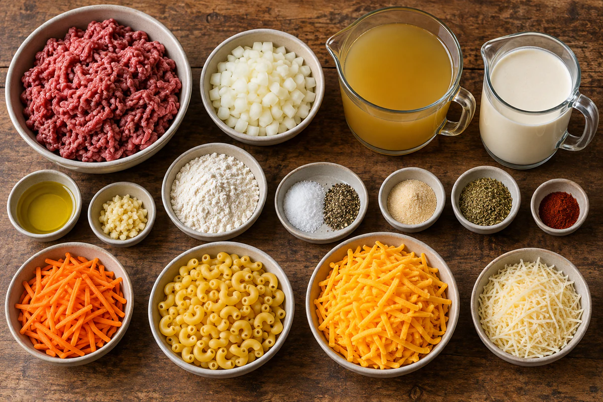 Ground beef, onion, garlic, flour, chicken broth, cream, carrots, macaroni, cheddar, Parmesan, and seasonings
