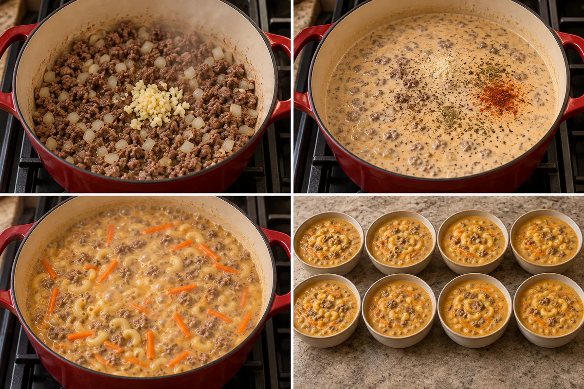 Four stages showing browned beef and onion, flour-coated beef, creamy broth with carrots and macaroni, and finished cheesy soup