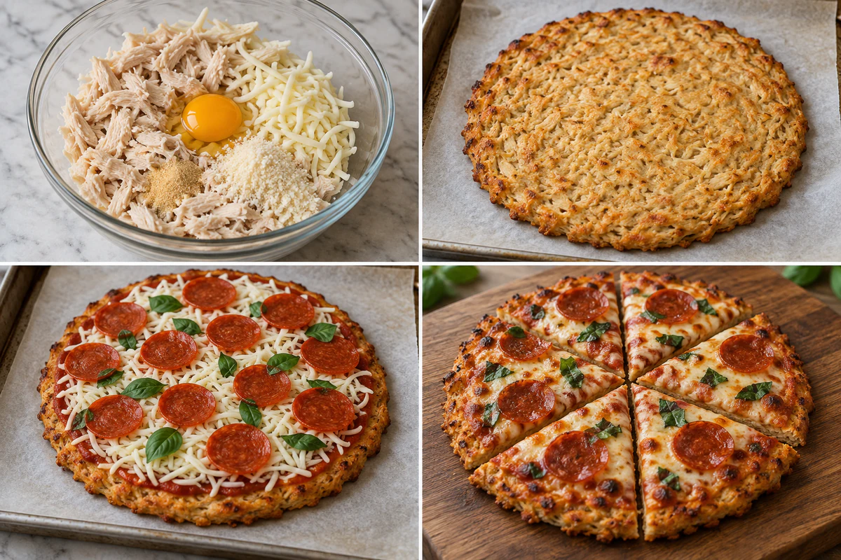 Four stages showing mixed chicken crust, a thin shaped circle, sauce and pepperoni topping, and baked chicken crust pizza