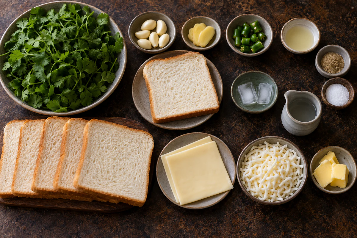 Coriander, garlic, ginger, green chilies, lemon, chaat masala, bread, cheese slices, mozzarella, and butter