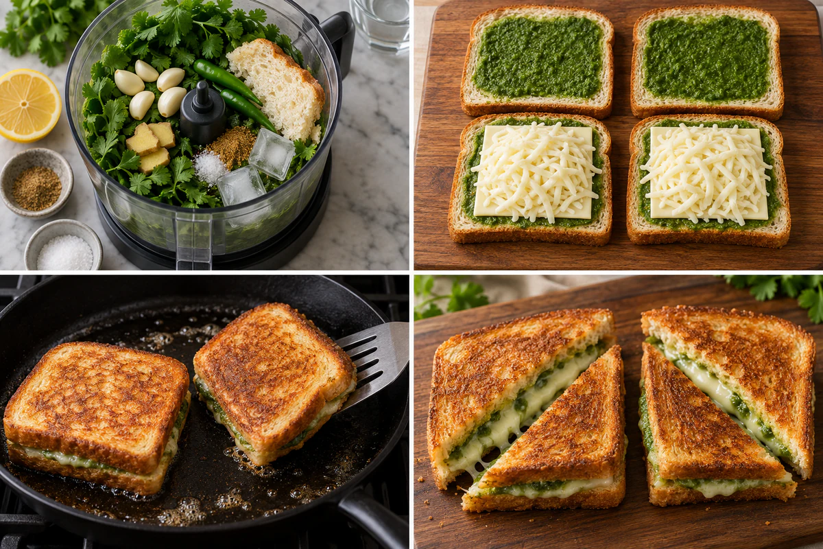 Four stages showing blended green chutney, buttered bread with chutney, cheese-filled sandwich assembly, and two grilled sandwiches
