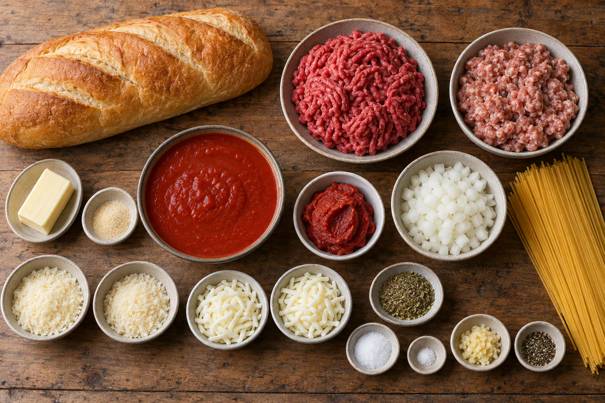 Italian loaf, beef, sausage, tomato sauce, tomato paste, onion, spaghetti, cheeses, butter, garlic powder, and seasonings