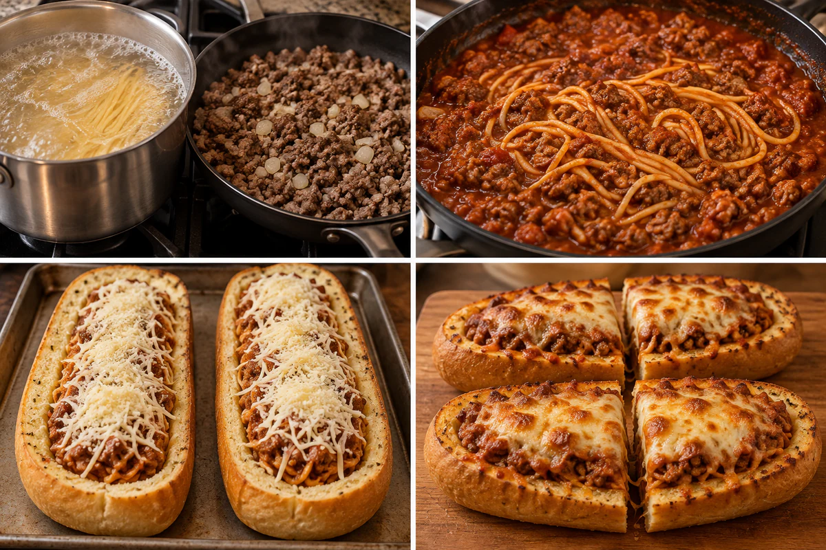 Four stages showing cooked meat sauce, spaghetti mixed with sauce, hollowed garlic-buttered loaf halves, and two cheese-topped stuffed loaves