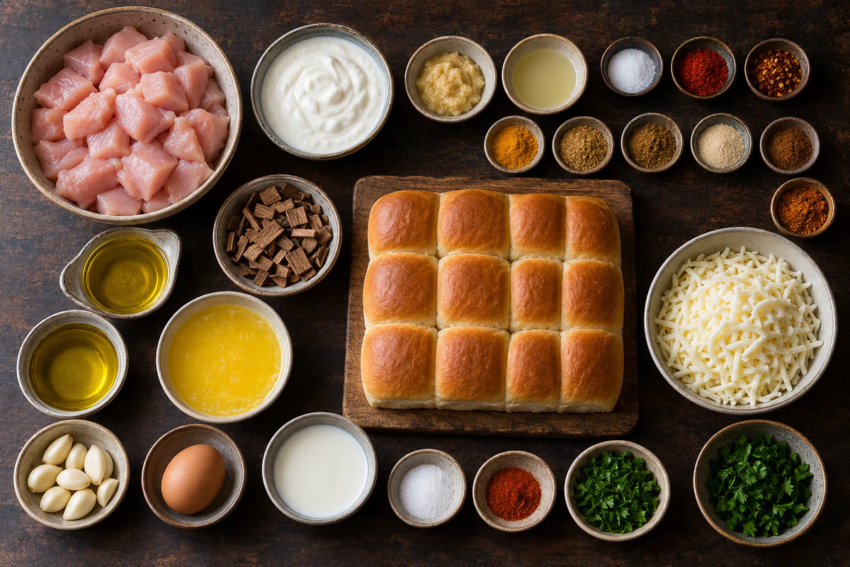 Chicken tenders, yogurt, tandoori spices, garlic, butter, egg, milk, parsley, sweet rolls, and mozzarella