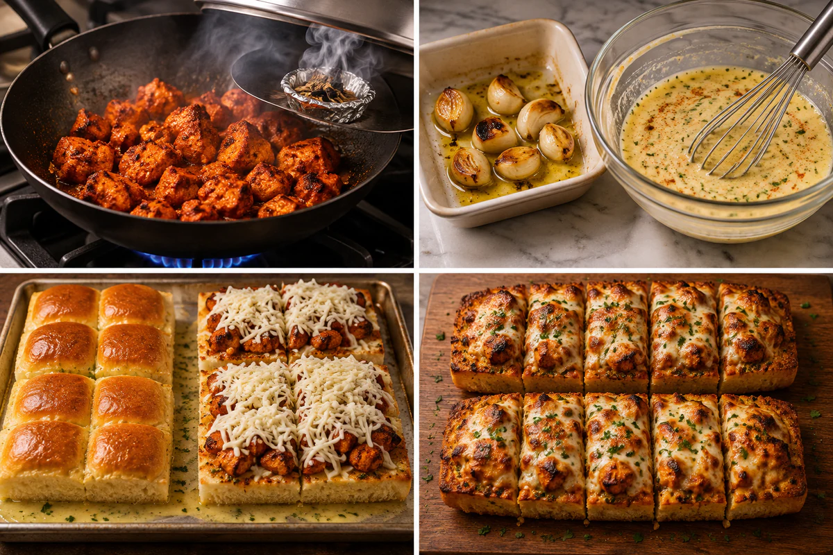 Four stages showing marinated chicken, cooked tandoori chicken, custard-dipped bread, and two cheese-topped garlic bread loaves