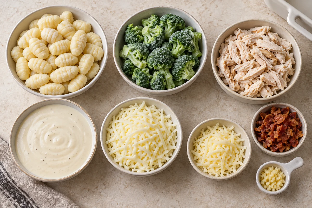 Shelf-stable gnocchi, frozen broccoli, cooked chicken, bacon, garlic, Alfredo sauce, mozzarella, and Monterey Jack