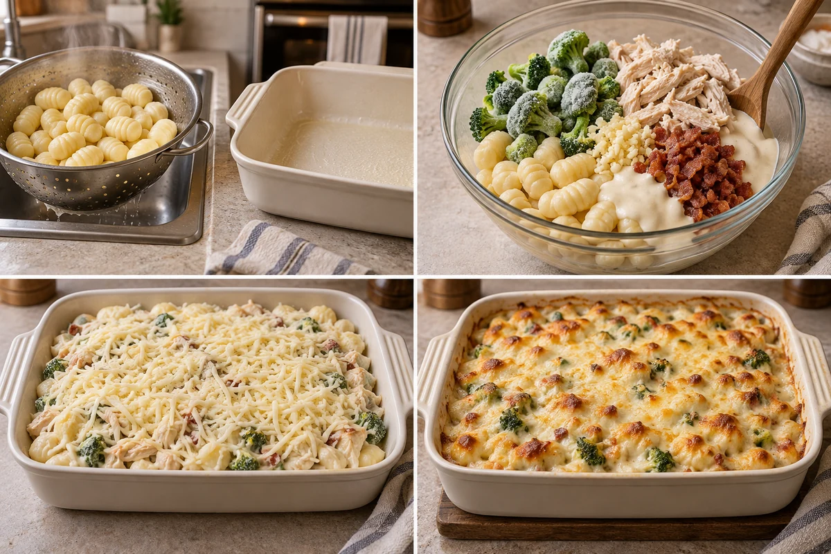 Four stages showing drained gnocchi, gnocchi mixed with frozen broccoli and Alfredo ingredients, cheese-topped casserole, and golden bake