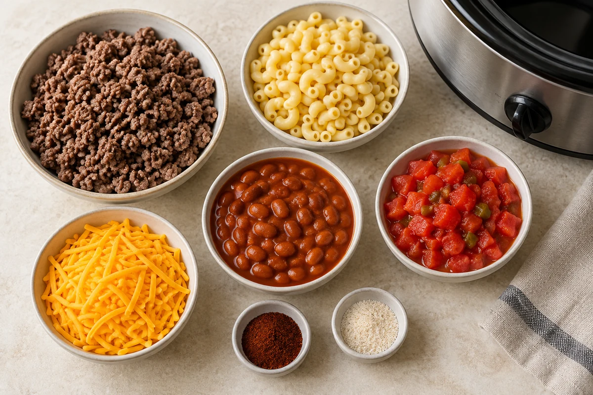 Browned beef, cooked macaroni, chili beans, drained tomatoes with green chilies, chili powder, garlic salt, and cheddar