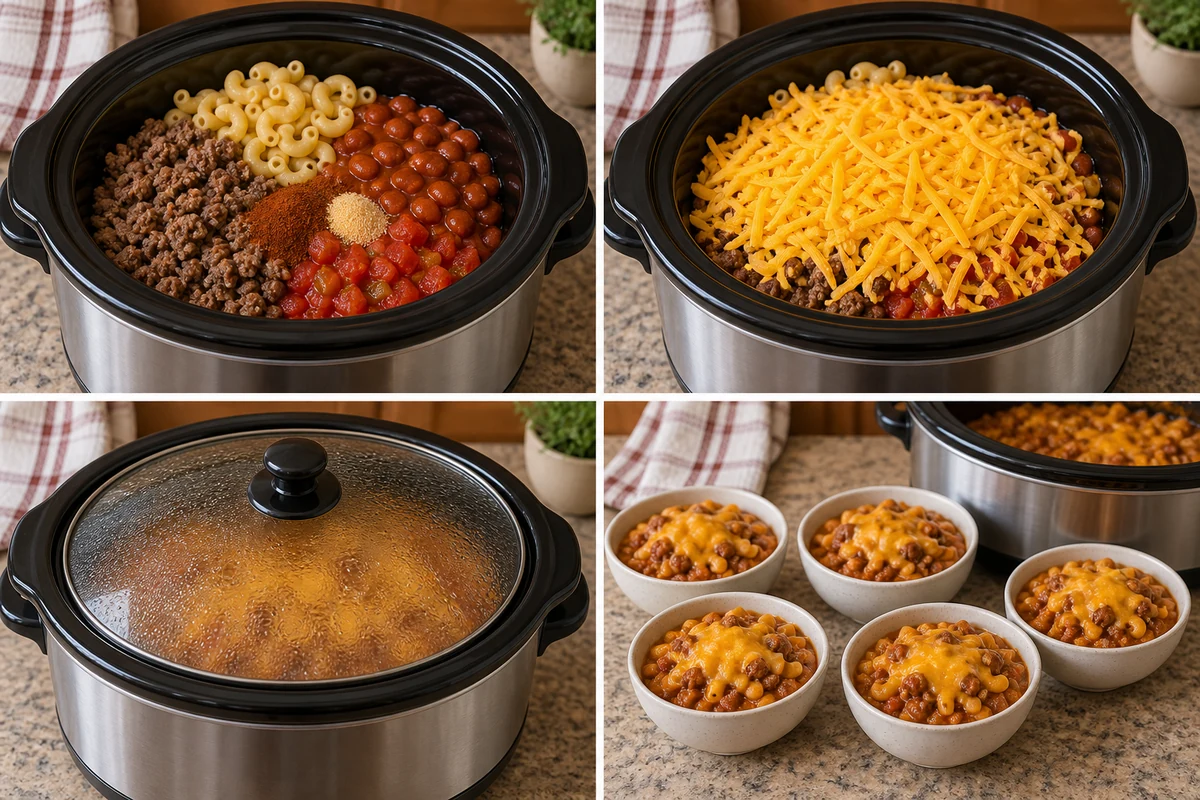 Four stages showing chili mac combined in a slow cooker, topped with cheddar, covered to cook, and served in five bowls