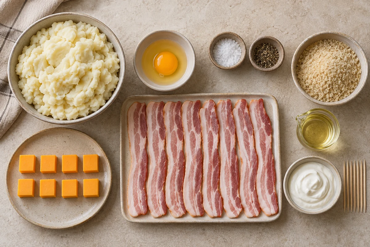 Cold mashed potatoes, egg, salt, pepper, breadcrumbs, cheddar cubes, bacon, frying oil, sour cream, and toothpicks