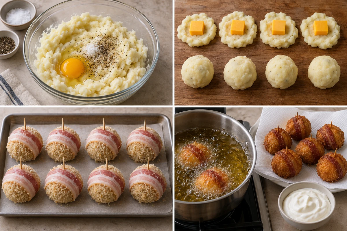 Four stages showing seasoned potato mixture, cheddar enclosed in potato balls, breadcrumb-coated bacon-wrapped bombs, and frying