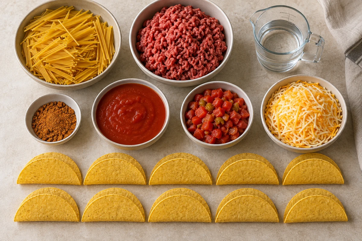 Broken spaghetti, ground beef, water, taco seasoning, tomato sauce, drained Rotel, Mexican cheese, and ten taco shells