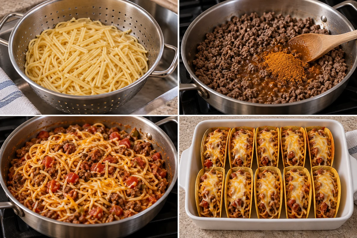 Four stages showing drained broken spaghetti, seasoned beef, cheesy tomato spaghetti mixture, and ten baked spaghetti tacos