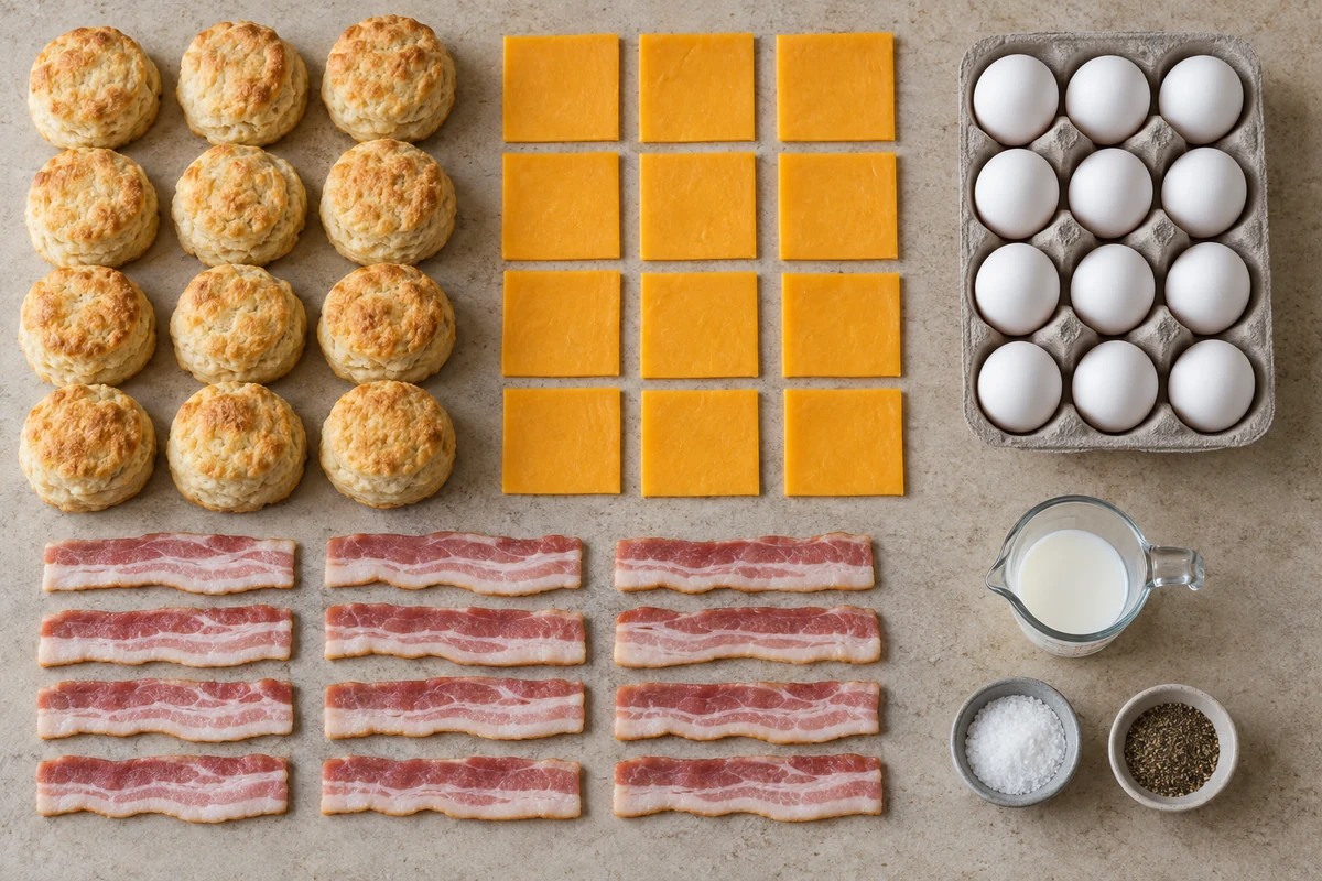 Twelve biscuits, cheddar slices, eggs, bacon slices, milk, salt, and pepper for breakfast sandwiches