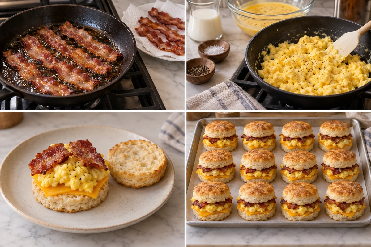 Four stages showing bacon cooking, eggs scrambling, one biscuit sandwich being layered, and twelve completed sandwiches