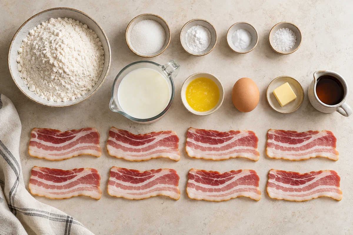 Flour, sugar, leaveners, salt, buttermilk, melted butter, egg, eight bacon slices, serving butter, and maple syrup