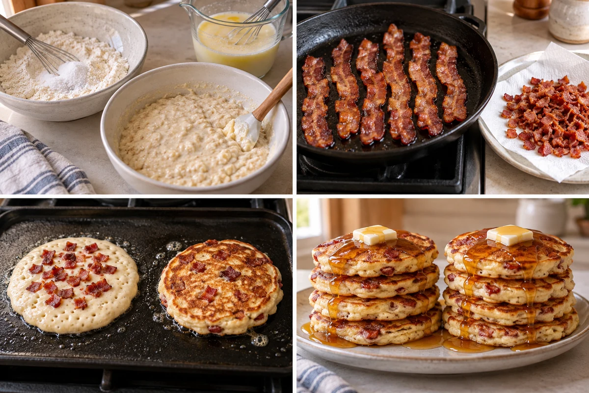 Four stages showing dry and wet batter bowls, crisp chopped bacon, pancakes cooking with bacon, and two stacks of four