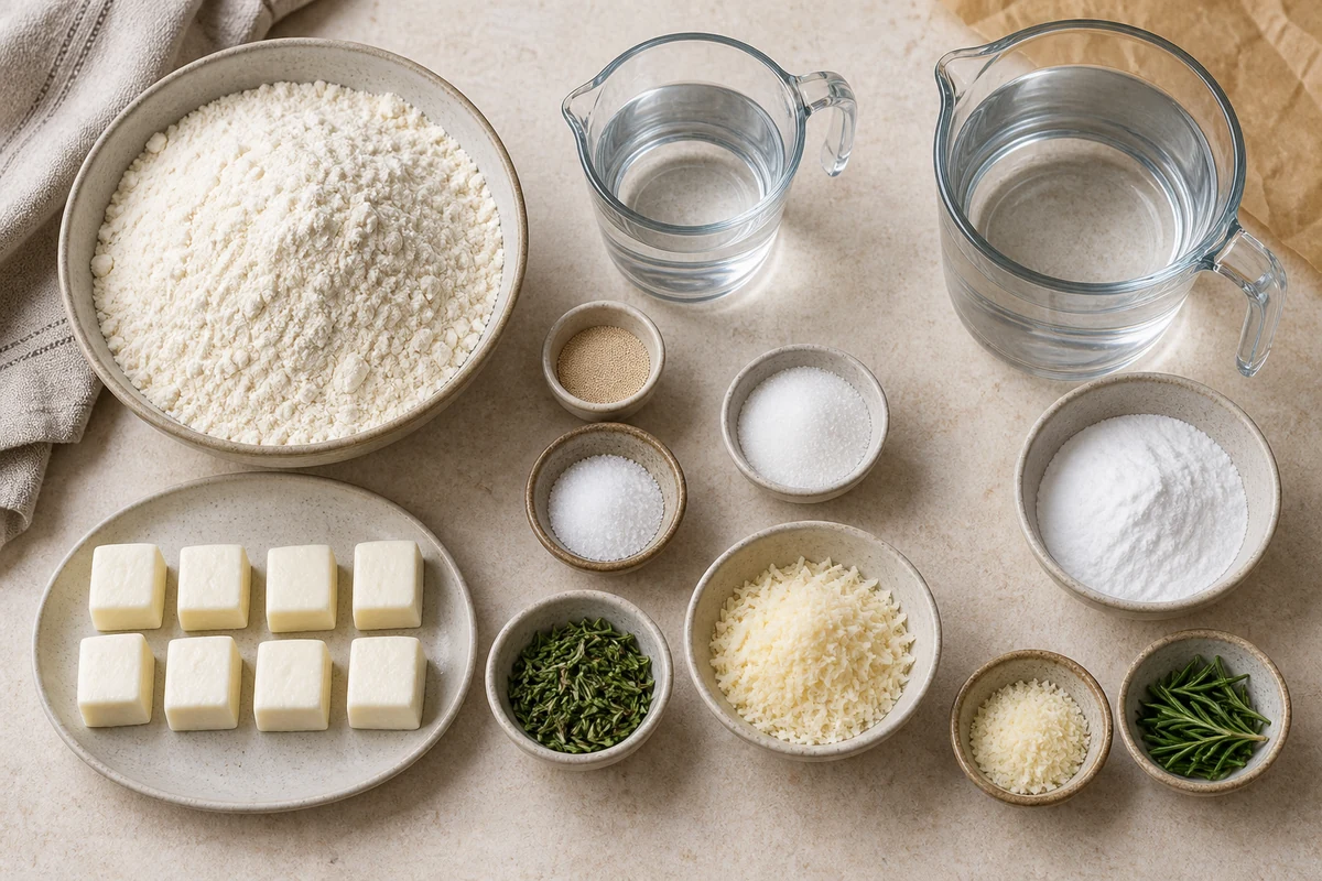 Flour, yeast, warm water, sugar, salt, eight mozzarella portions, rosemary, Parmesan, and baking soda bath ingredients