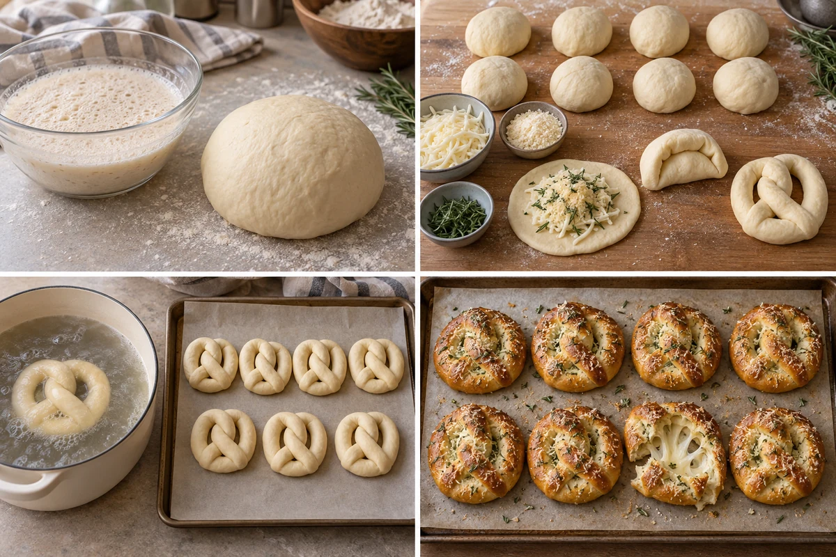 Four stages showing frothy yeast and dough, eight filled dough portions, seven pretzels beside one in a baking soda bath, and eight baked pretzels