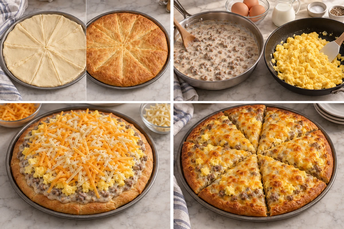 Four stages showing crescent crust, sausage gravy and scrambled eggs, assembled cheese-topped pizza, and baked pizza cut into seven