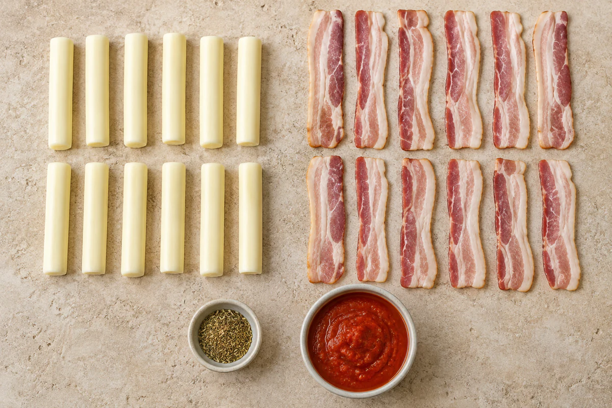 Twelve mozzarella string cheese sticks, twelve bacon slices, Italian seasoning, and marinara sauce