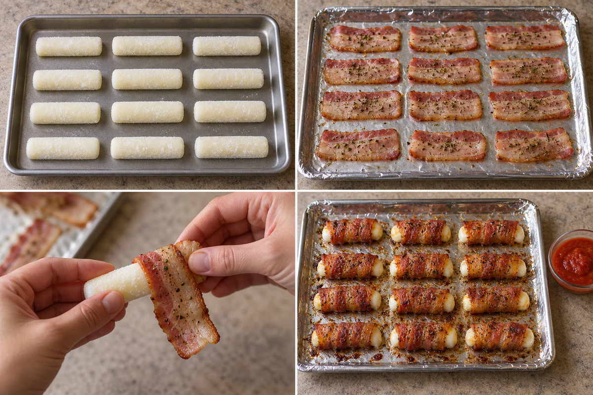 Four stages showing frozen cheese, seasoned bacon, wrapping, and twelve baked mozzarella sticks