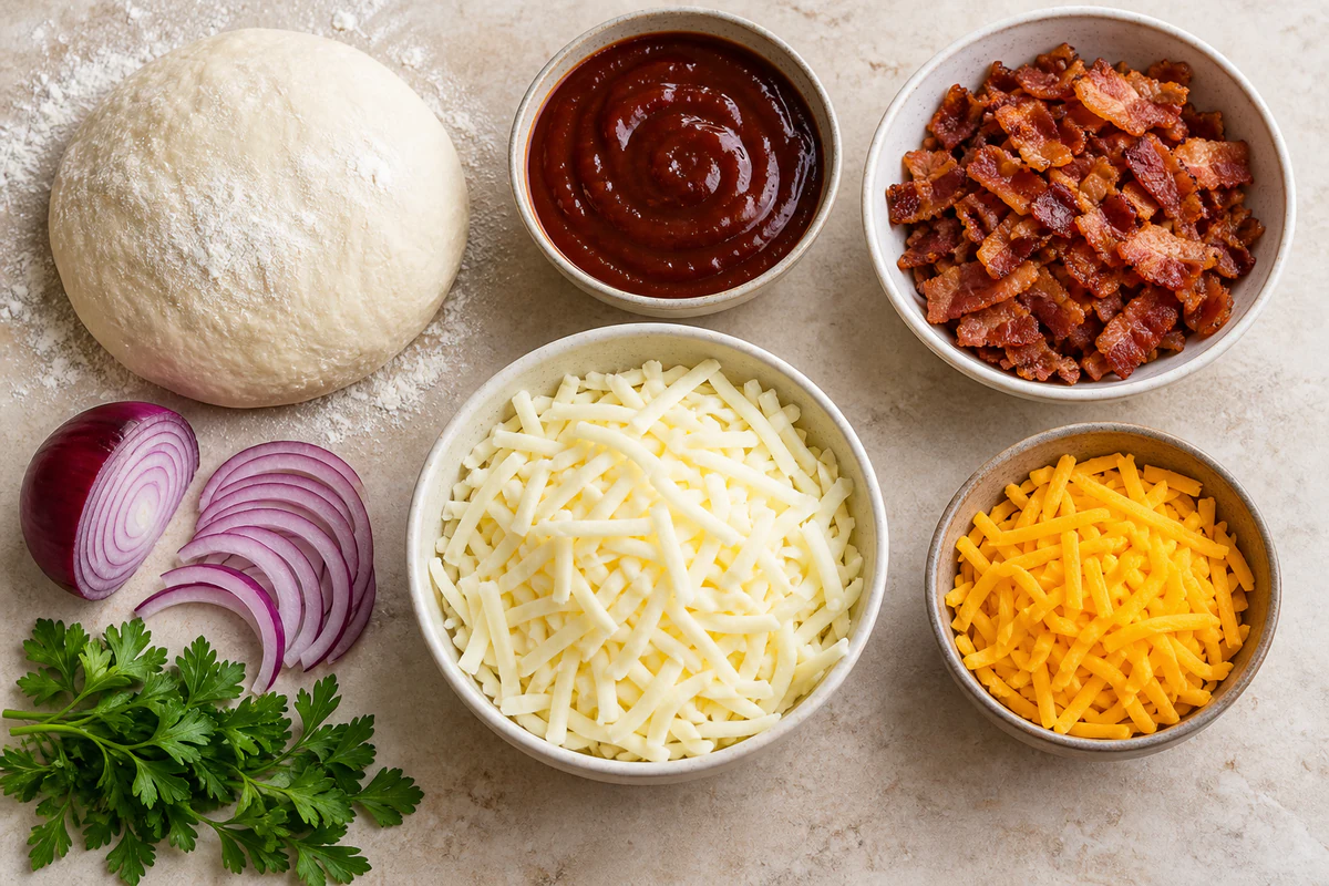 Pizza dough, smoky barbecue sauce, bacon, mozzarella, cheddar, red onion, and parsley