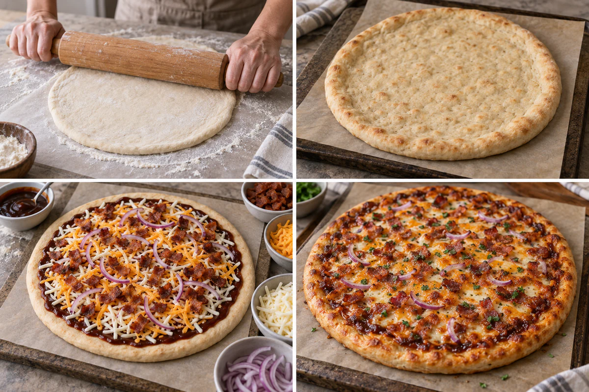 Four stages showing rolled dough, pre-baked crust, barbecue bacon toppings, and baked pizza