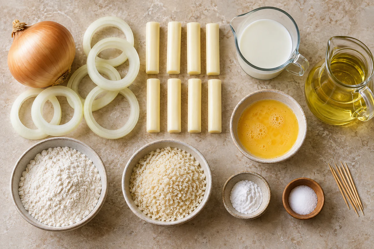 Onion, eight mozzarella sticks, milk, egg, flour, Panko, oil, baking powder, salt, and toothpicks
