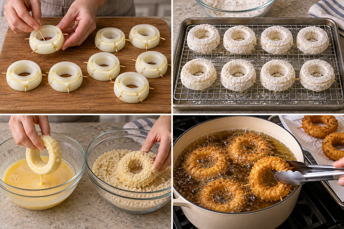 Four stages showing cheese fitted between onion rings, flour dredging, batter and Panko coating, and frying