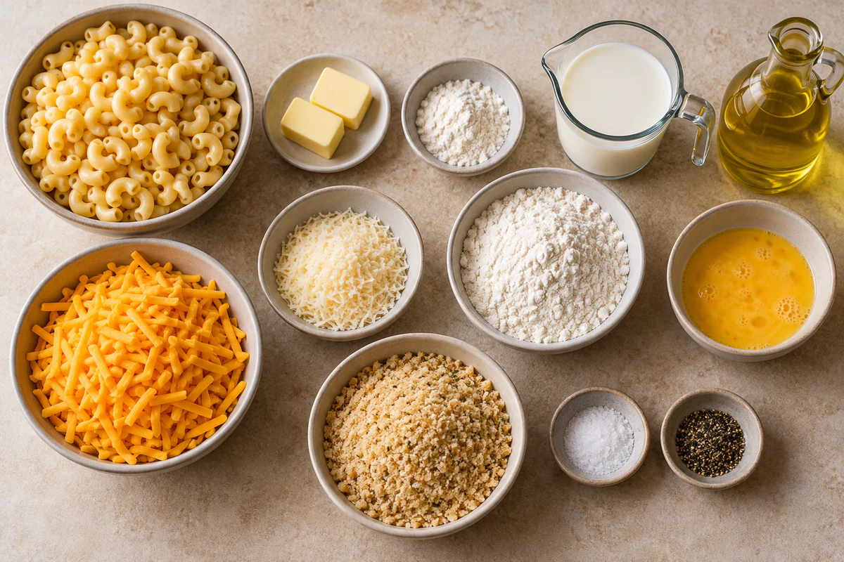 Macaroni, butter, flour, milk, cheddar, Parmesan, eggs, breadcrumbs, seasoning, and frying oil