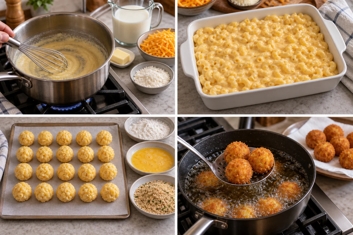 Four stages showing cheese sauce, chilled macaroni, twenty shaped balls, and frying