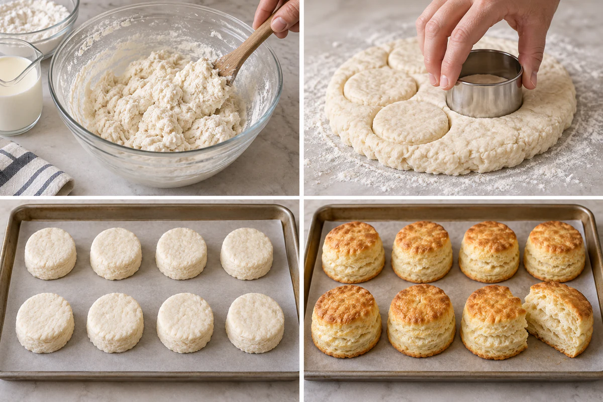Four stages showing shaggy biscuit dough, straight cutting, eight raw biscuits, and golden baked biscuits