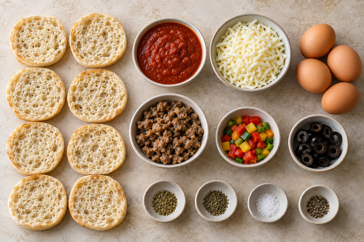 Eight English muffin halves, pizza sauce, mozzarella, four eggs, sausage, peppers, olives, and seasonings