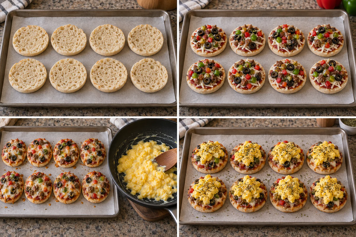 Four stages showing eight muffin halves, pizza toppings, baked pizzas and eggs, and finished breakfast pizzas