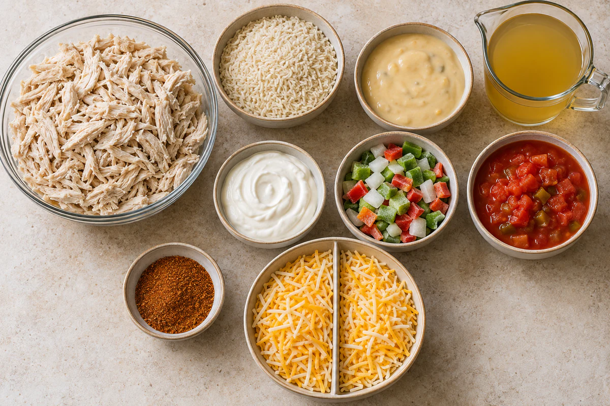 Chicken, instant rice, creamy soup, sour cream, peppers, tomatoes, broth, seasoning, and cheese