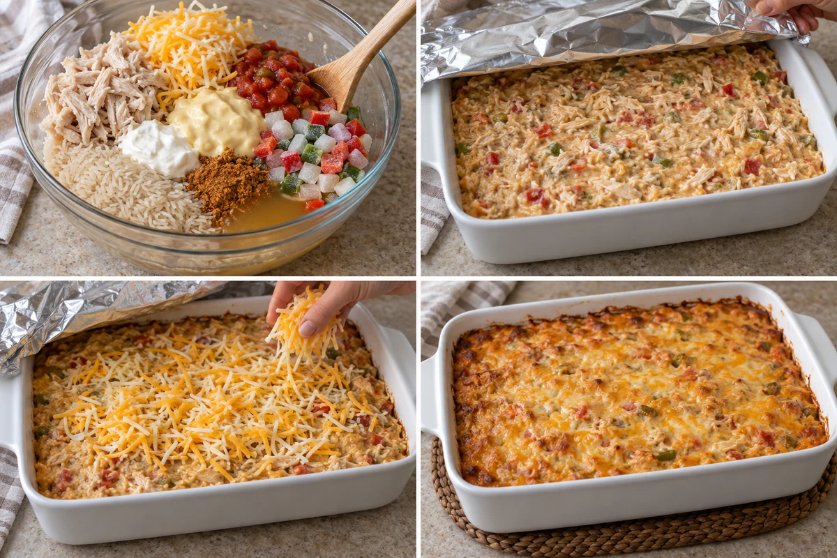 Four stages showing casserole mixture, covered dish, cheese topping, and golden baked casserole
