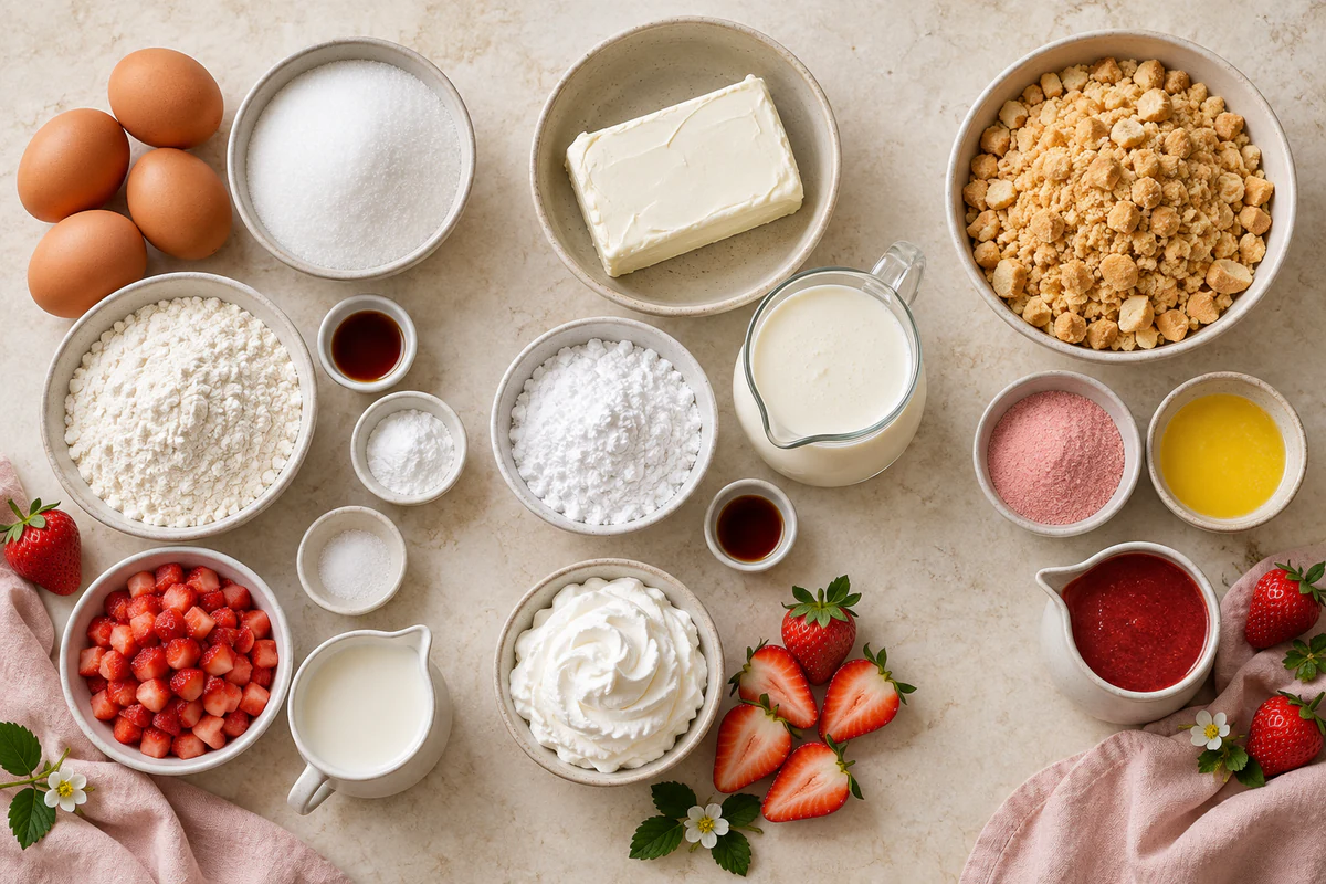 Eggs, cake ingredients, strawberries, cheesecake filling, golden cookie crumble, and decorations