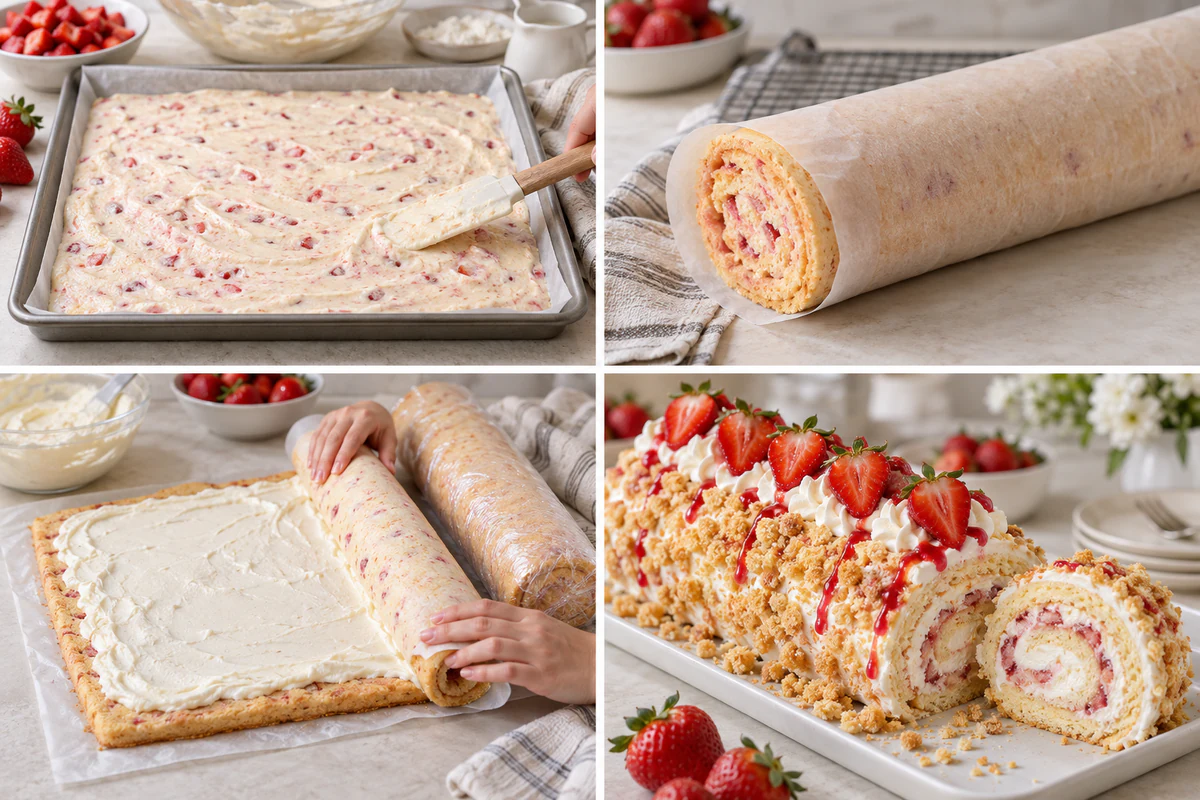 Four stages showing strawberry sponge batter, warm rolling, cheesecake filling, and crumble decoration