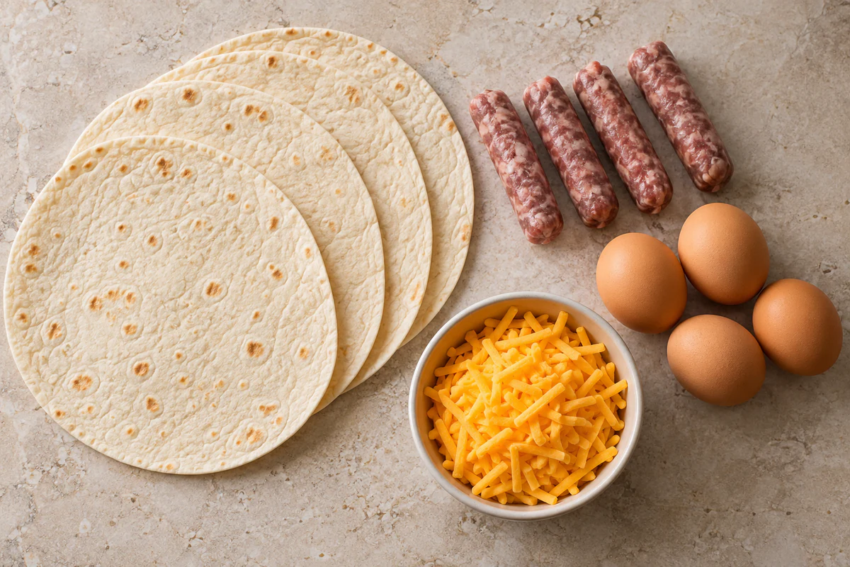Four tortillas, four sausage links, four eggs, and shredded cheddar cheese