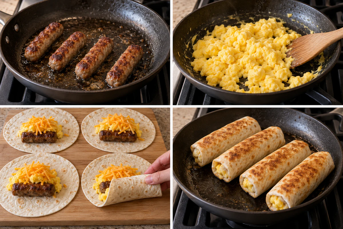 Four stages showing four sausages cooking, eggs scrambling, tortillas being filled, and four toasted roll-ups