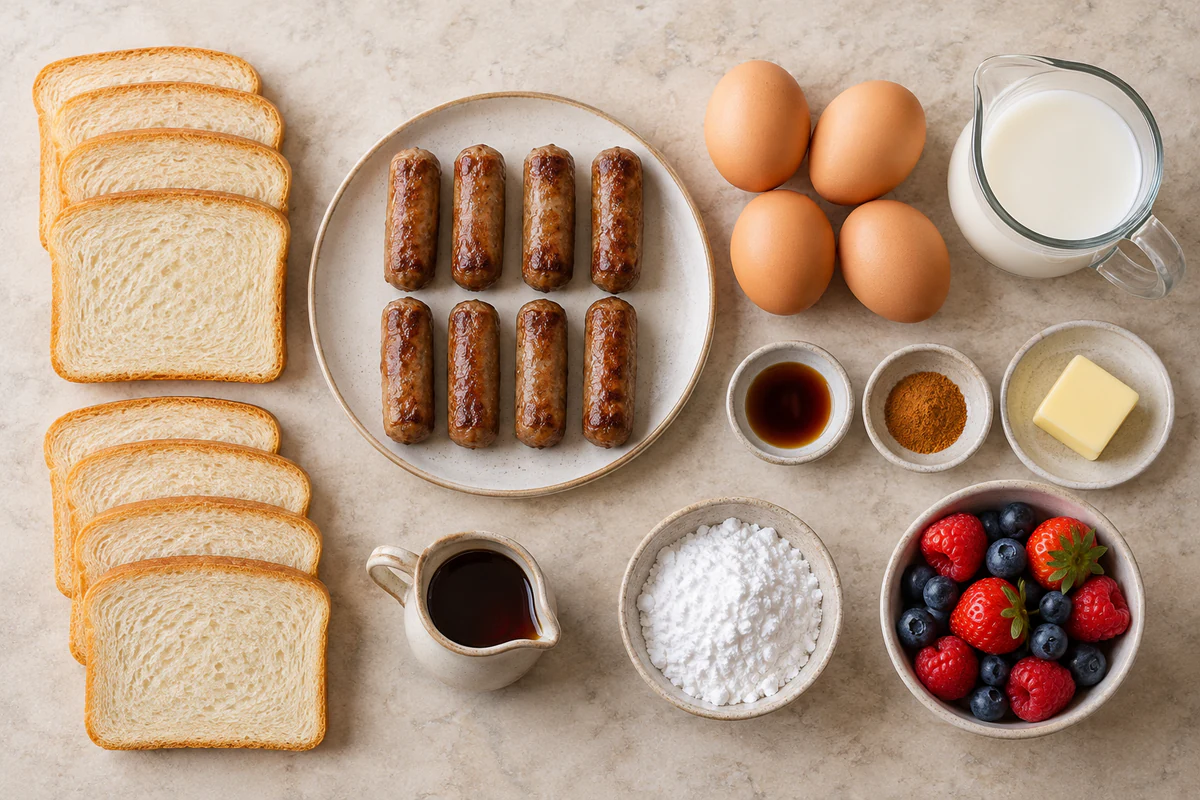 Eight bread slices, eight sausages, four eggs, milk, vanilla, cinnamon, butter, syrup, sugar, and berries